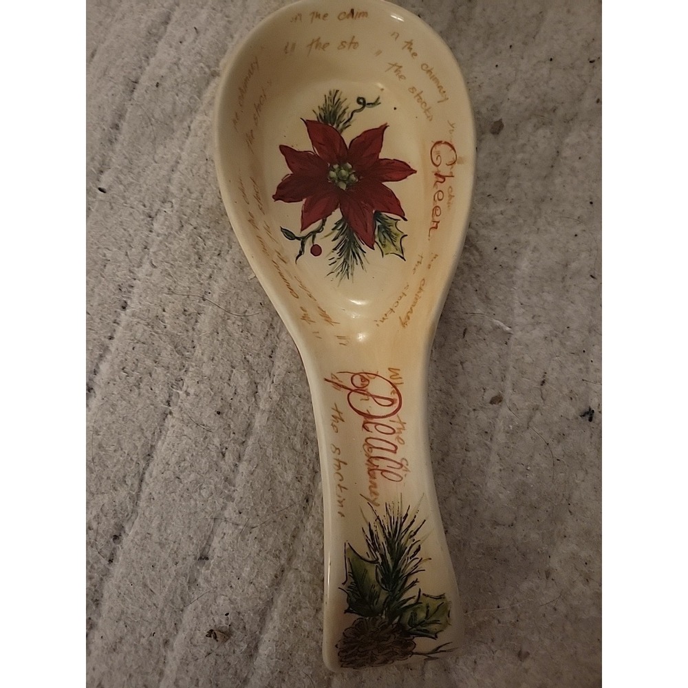 maxcera Noel Spoon rest Christmas handpainted poinsettia script~retired Vintage‎